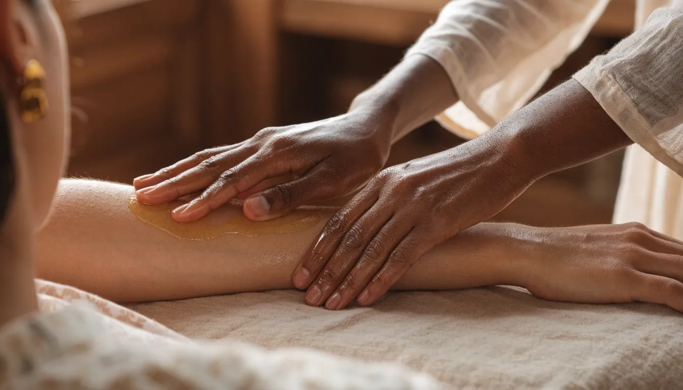 Person applying warm sesame oil during an Abhyanga daily self-massage routine for Ayurvedic self-care.