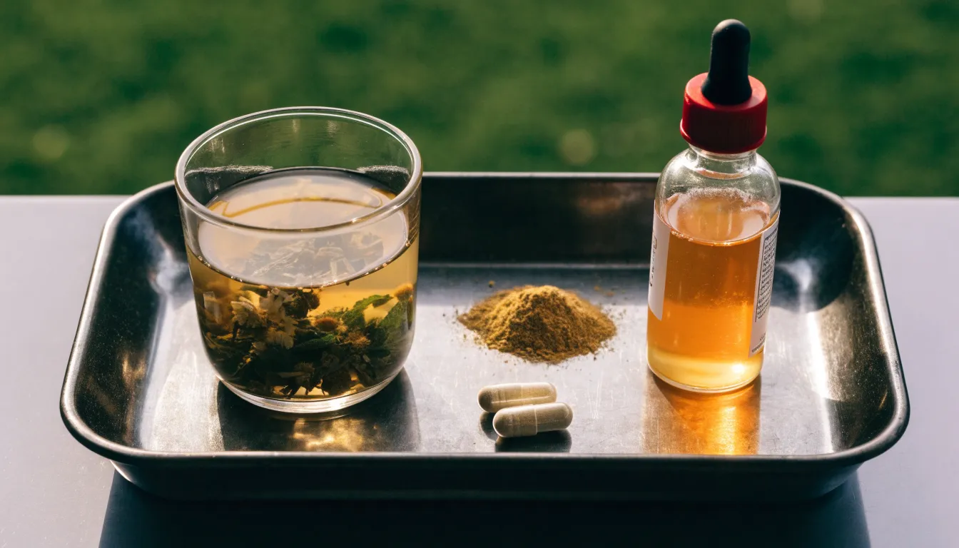 Flat lay display of adaptogen formats including herbal tea, amber tincture bottle, plant powder, and capsules.