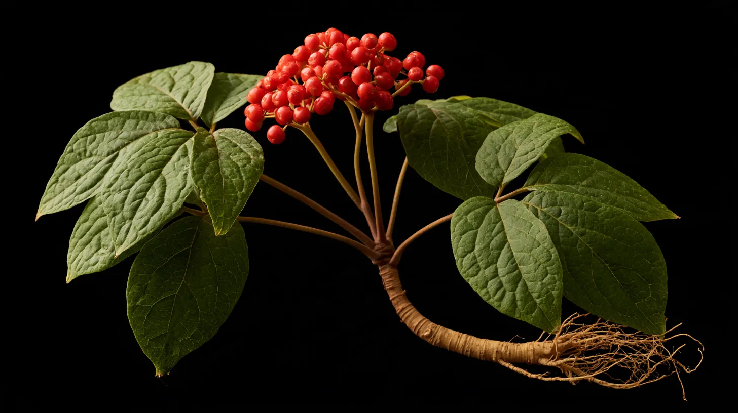 Wild American ginseng plant with green serrated leaves and bright red autumn berries in forest shade