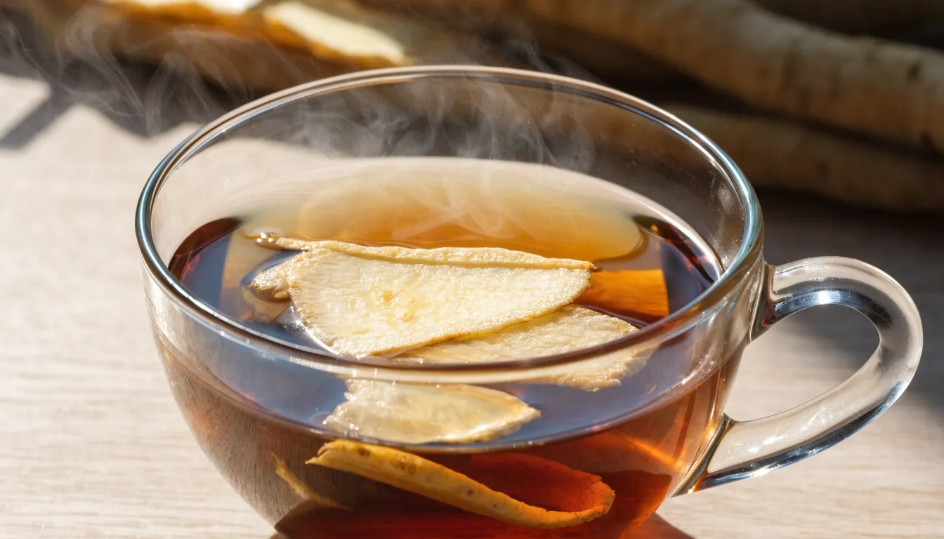 Freshly steeped golden American ginseng tea in a glass cup alongside dried translucent root slices