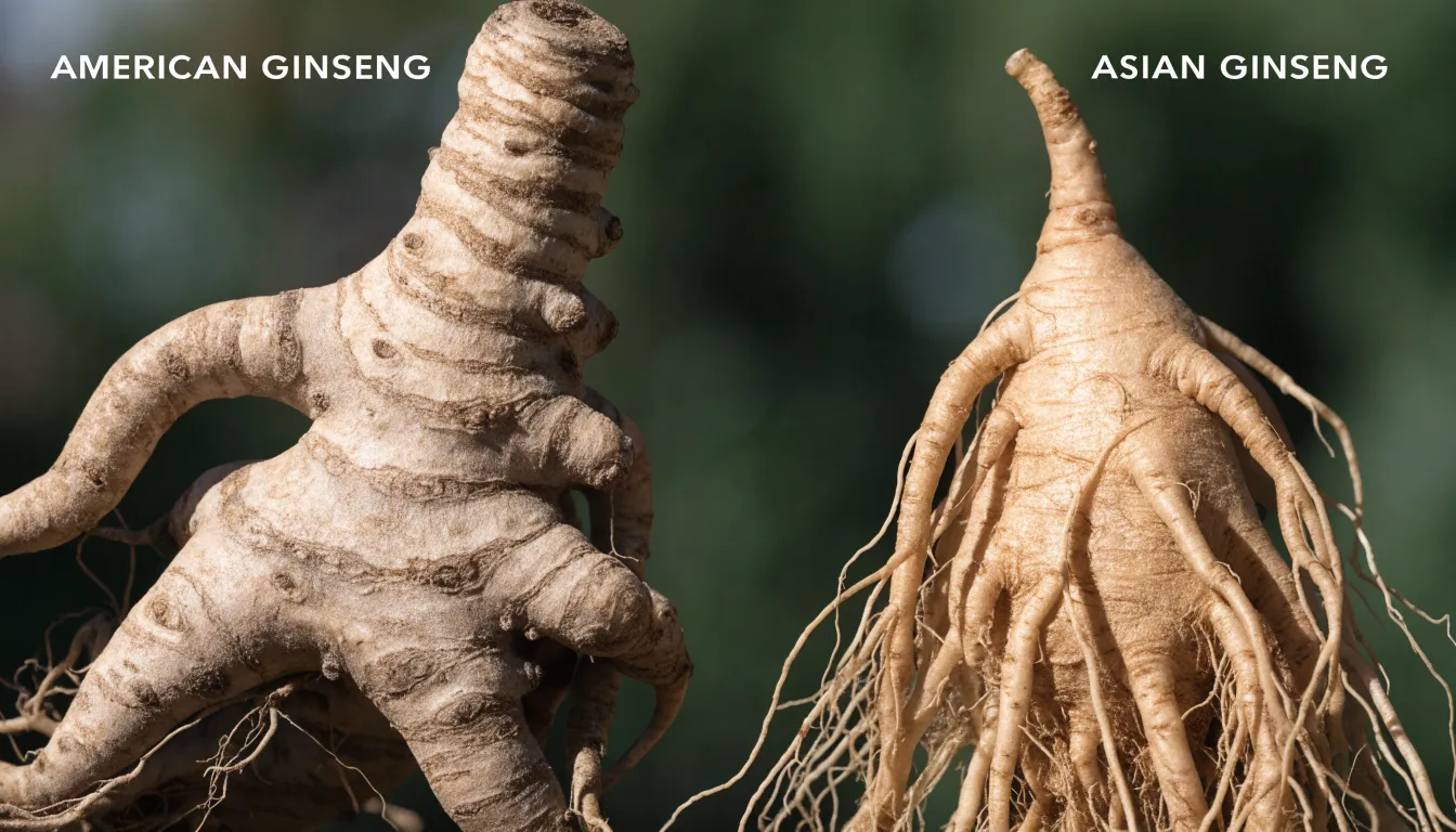 Side-by-side comparison of pale forked American ginseng root and warm-toned Asian red ginseng root