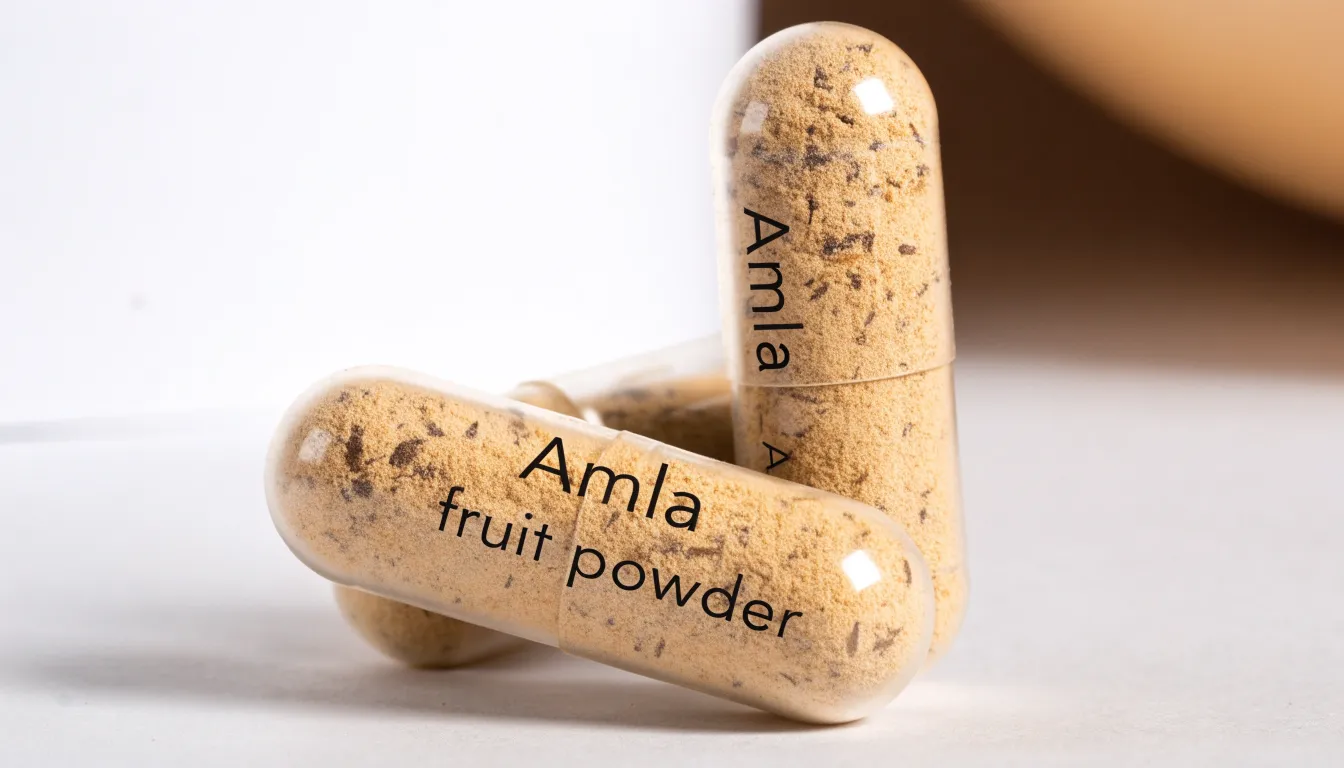 Fresh amla fruit, organic amla powder in a small wooden bowl, and dietary herbal capsules.