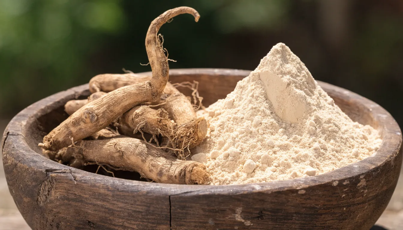 Dried ashwagandha roots and ground root powder in a small bowl