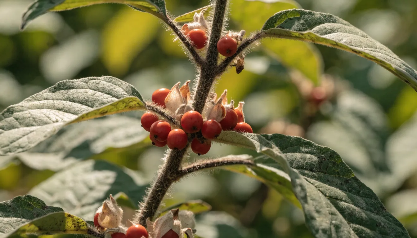 Ashwagandha plant showing green leaves and bright red berries in papery calyxes