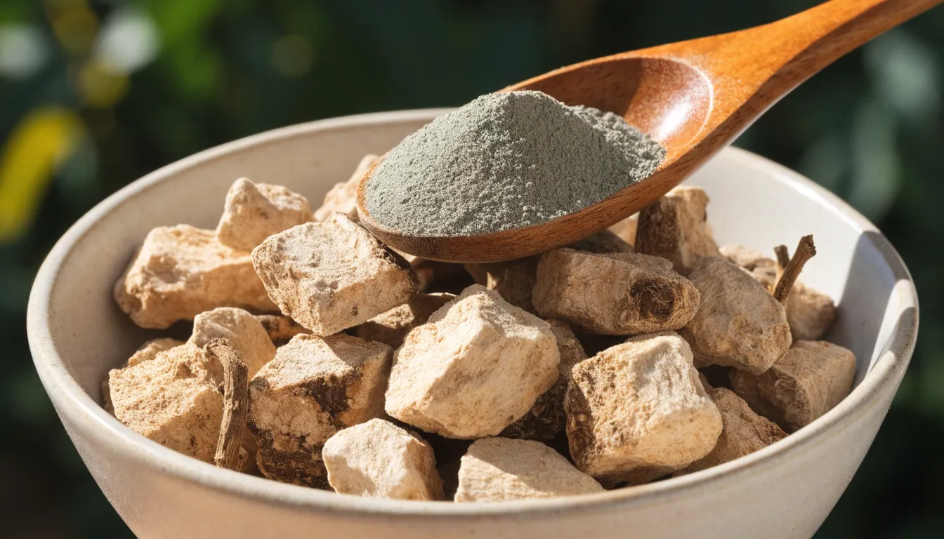 Dried ashwagandha roots and ground adaptogenic herb powder in a ceramic bowl.