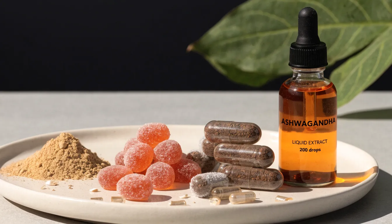 Various forms of ashwagandha supplements including capsules, powder, gummies, and liquid extract