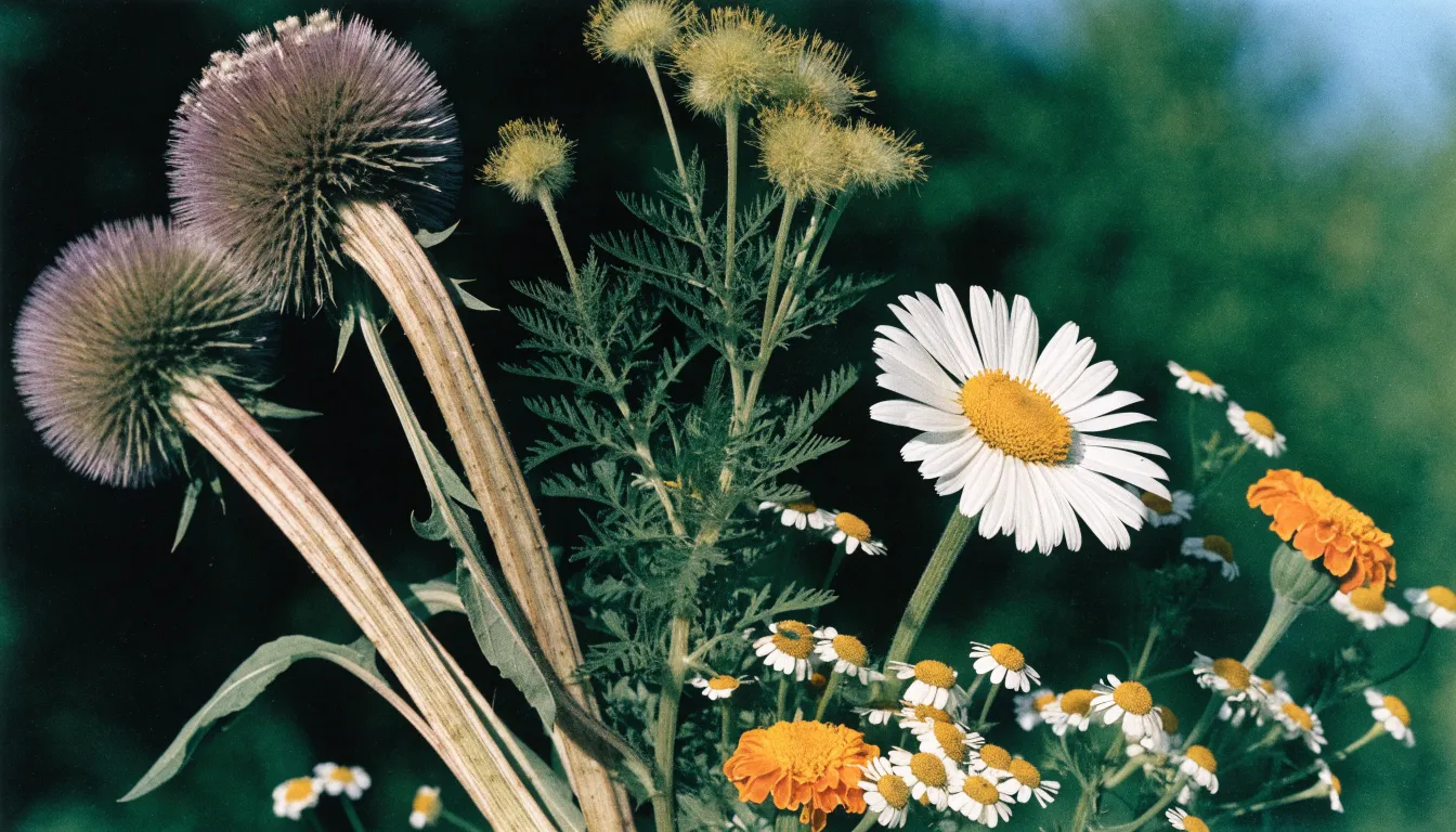 Illustration of Asteraceae plant family members showing milk thistle alongside daisy, ragweed, and chamomile flowers.