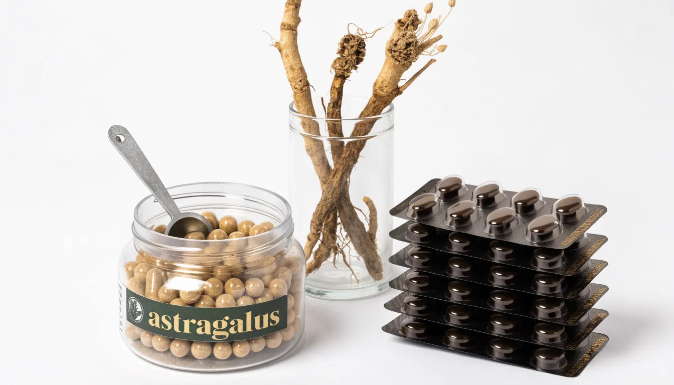 Four commercial forms of astragalus root including dried slices, loose powder, capsules, and liquid tincture.