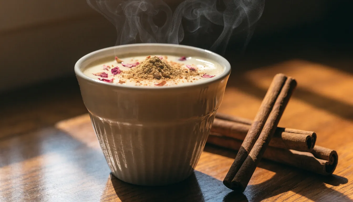 Warm Ayurvedic ashwagandha moon milk garnished with spices in a ceramic mug