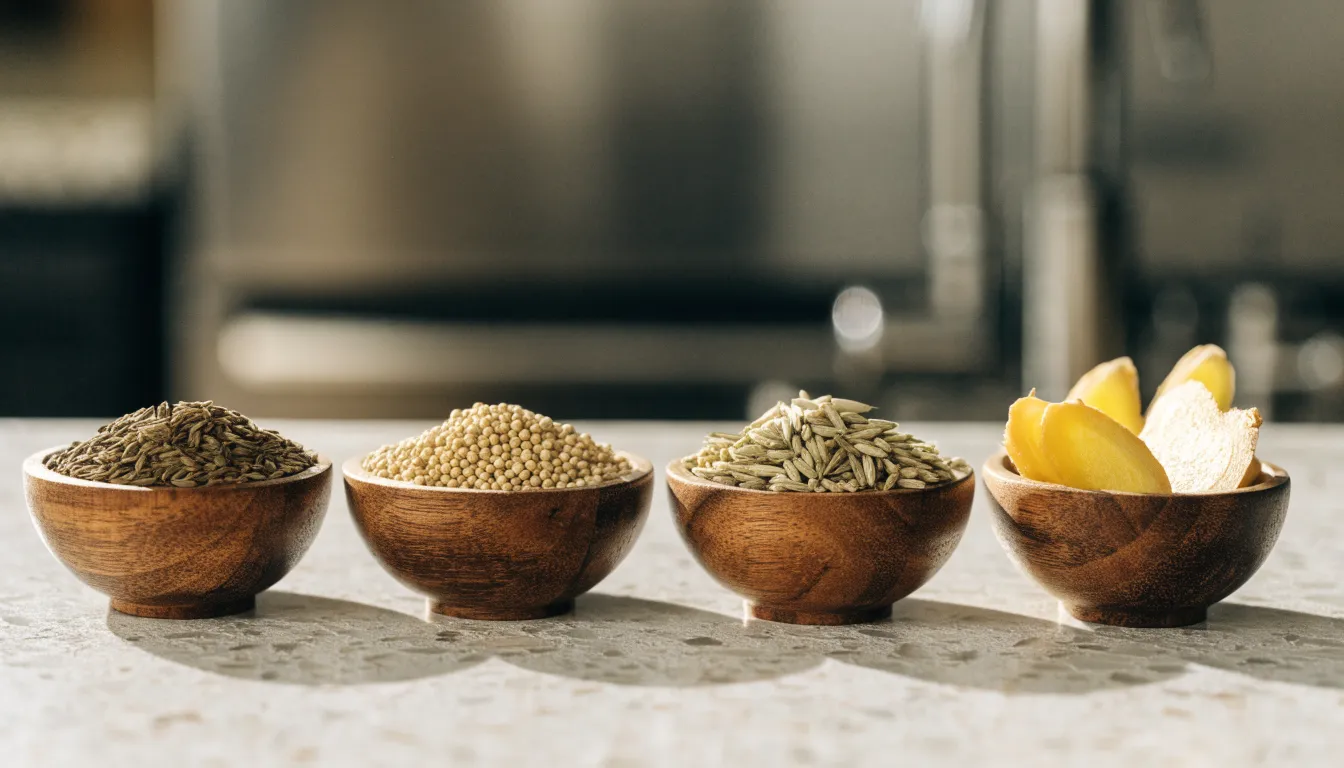 Four core Ayurvedic cooking spices including cumin, coriander, fennel seeds, and fresh sliced ginger.