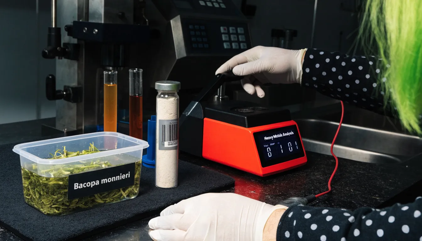 Laboratory Certificate of Analysis for Bacopa monnieri testing heavy metal levels and standardized bacosides.