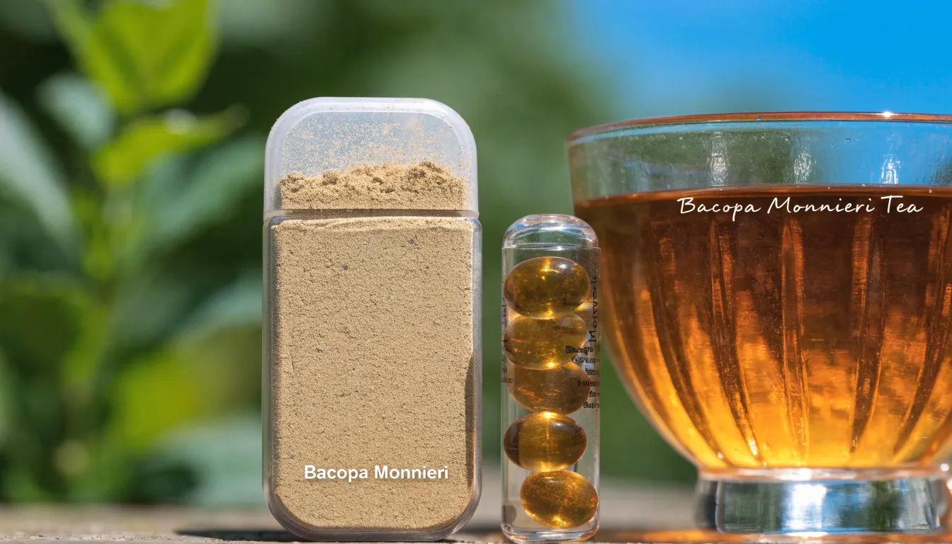 Bacopa monnieri supplement forms including capsules, loose green herb powder, and freshly brewed herbal tea.