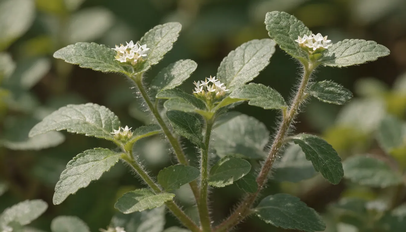 Close-up of green Bacopa monnieri succulent leaves and delicate white flowers growing in a wetland environment.
