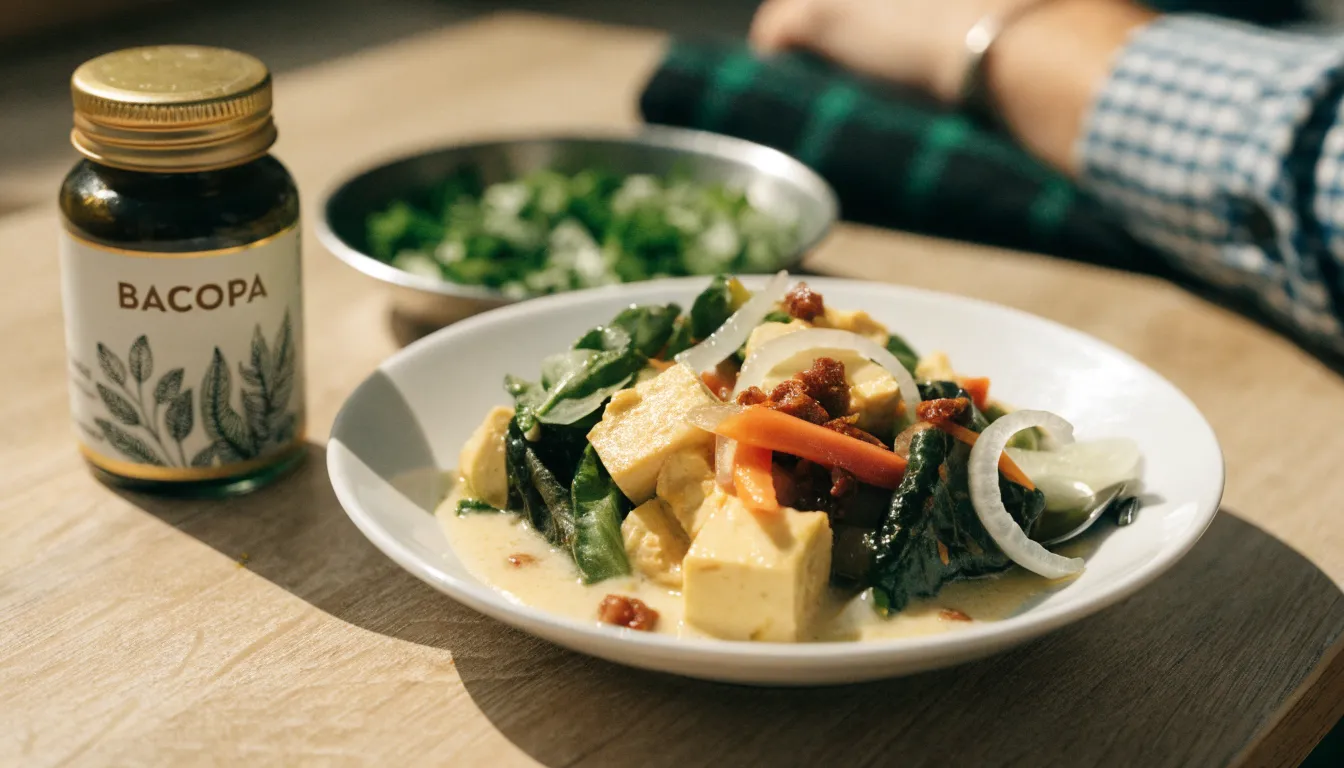 Bacopa supplement capsule next to a healthy breakfast rich in fats, such as Greek yogurt, nuts, and avocado.