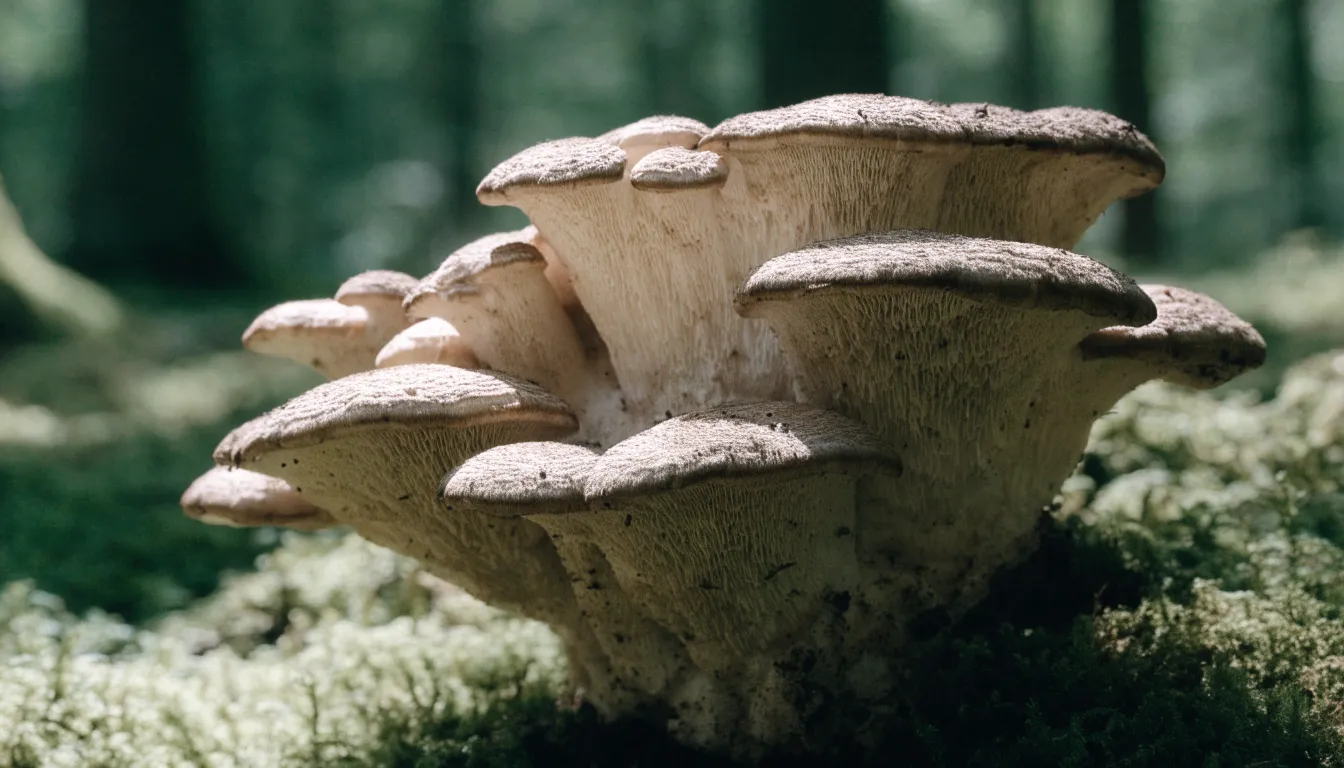 A thick, light-colored Berkeley's polypore mushroom growing near tree roots as a common maitake look-alike.