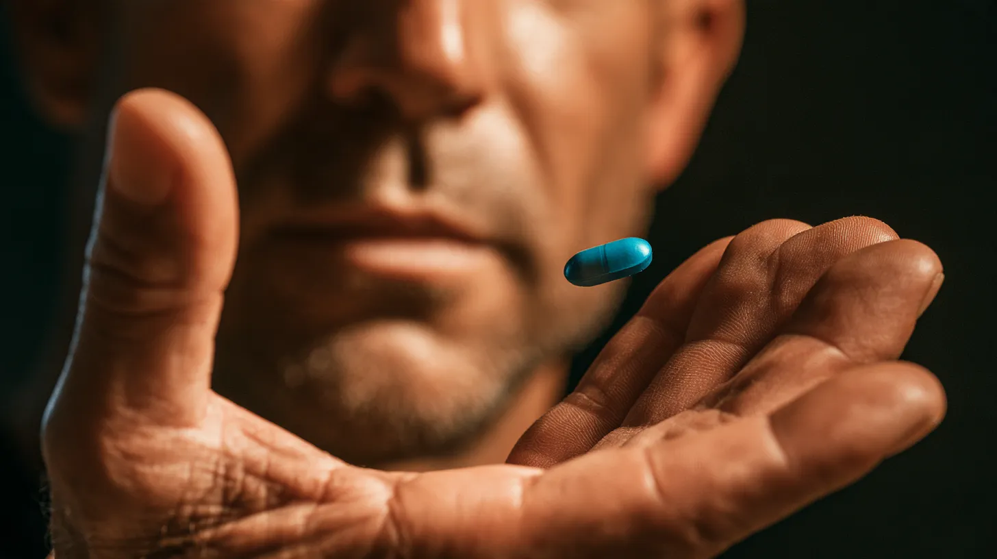 Dark purple standardized bilberry extract capsules spilled out from an amber glass medicine bottle.