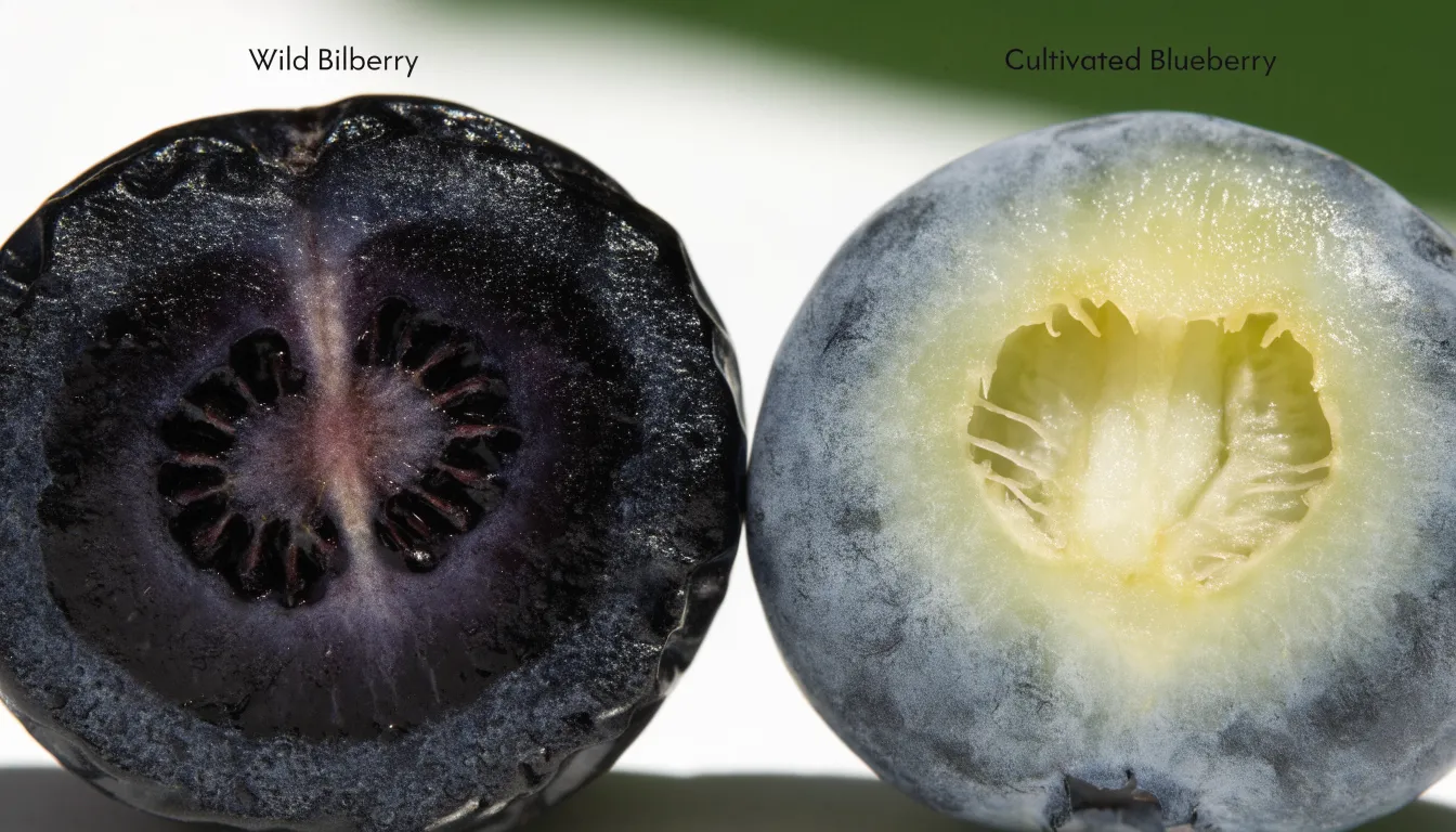 Cross-section comparison of a sliced dark-fleshed bilberry next to a pale-fleshed blueberry.
