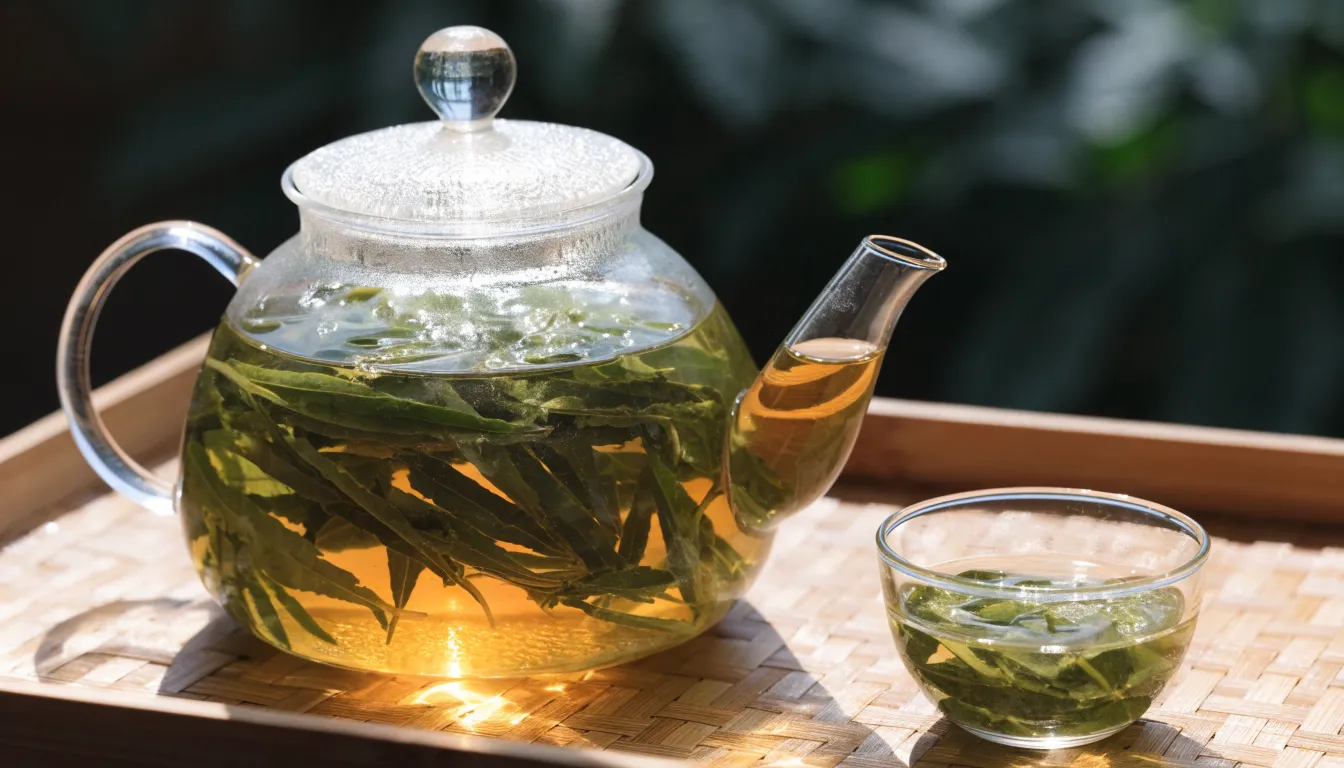 Freshly brewed jiaogulan tea in a clear glass teapot with unfurled dried leaves beside a cup on a bamboo tray