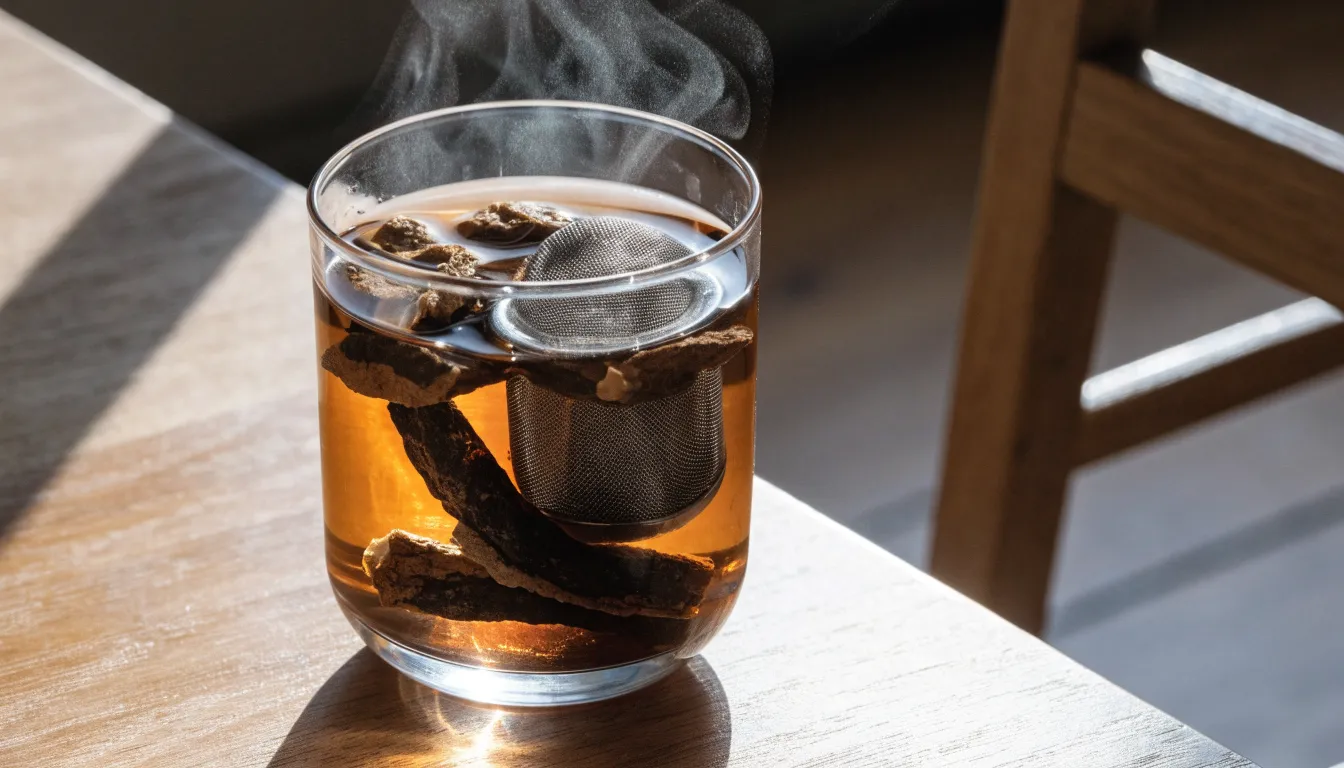 Freshly brewed licorice root tea in a glass cup served with dried Gan Cao root slices.