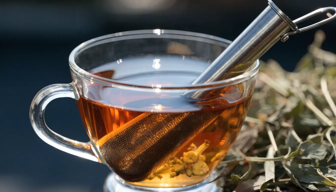 Clear glass mug of brewed skullcap herbal tea alongside dried loose leaf skullcap and a metal tea strainer.