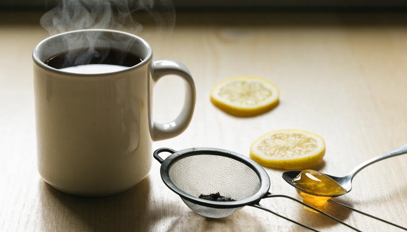 A warm cup of freshly brewed dark brown suma root tea with honey and a tea strainer