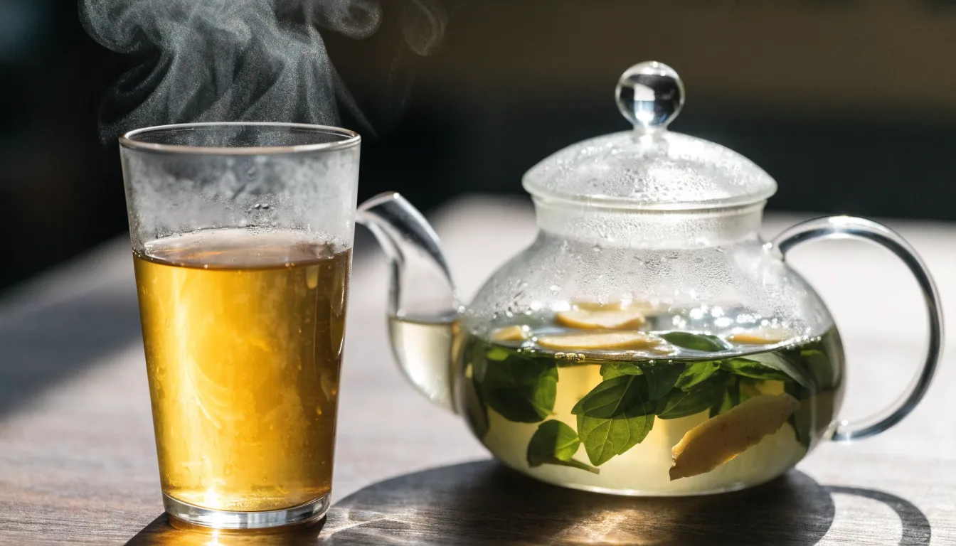 Freshly brewed amber holy basil tea in a glass mug alongside fresh green tulsi leaves