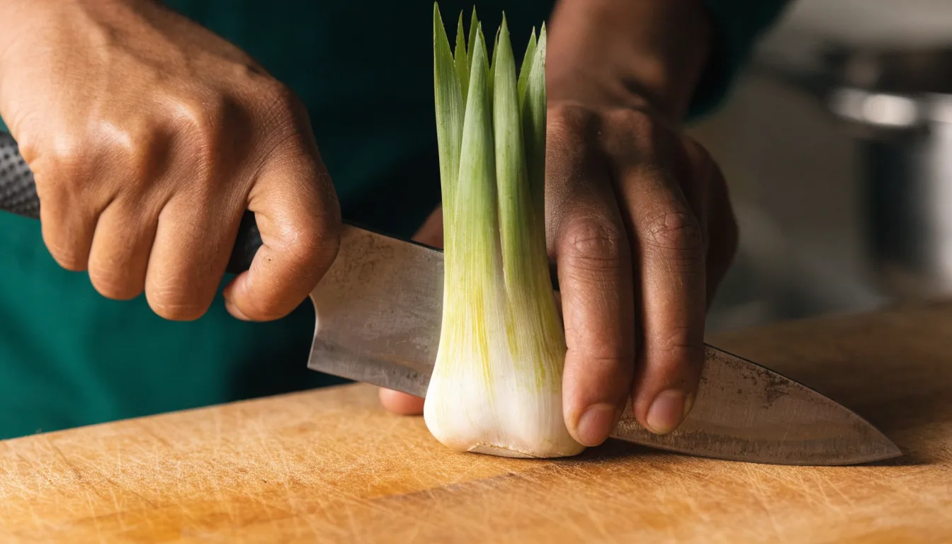 Bruising a trimmed lemongrass stalk with the flat edge of a chef knife on a cutting board.