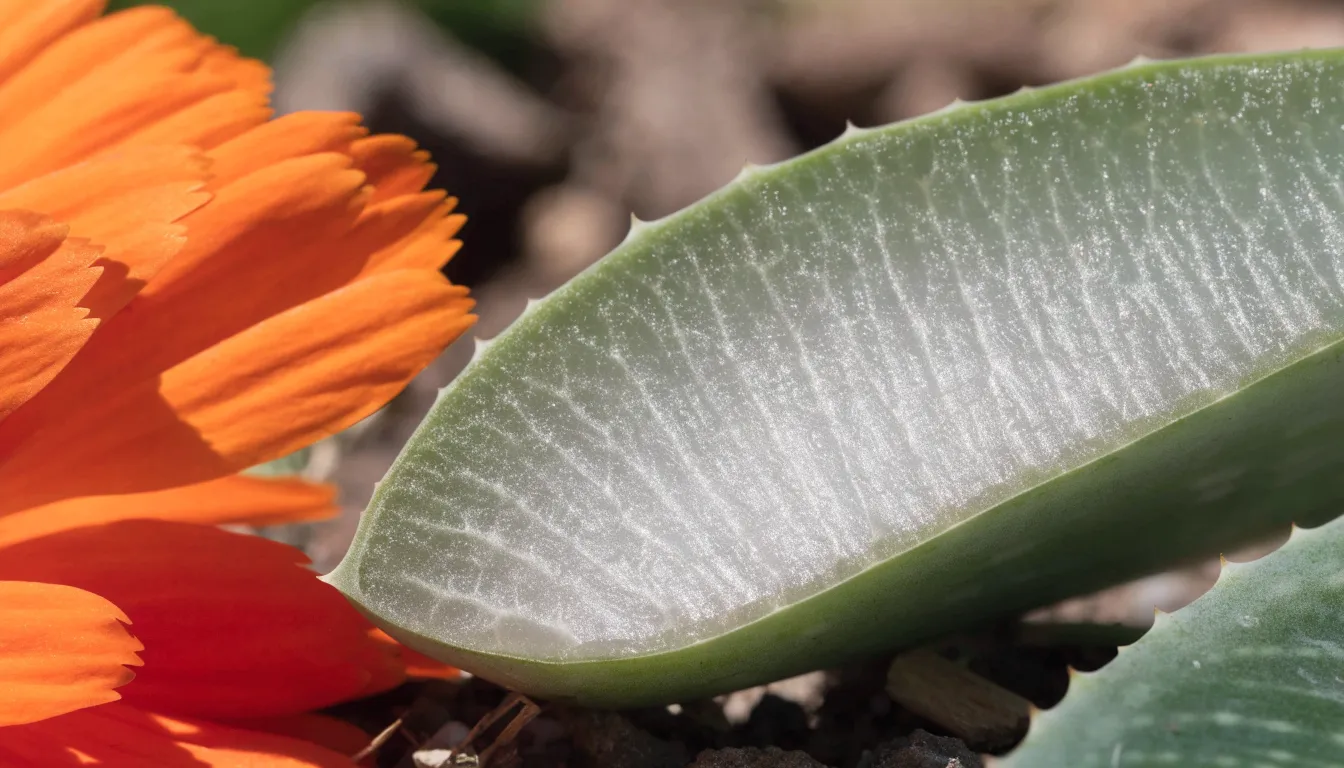 Dried orange calendula flower petals alongside a sliced fresh aloe vera leaf showing inner gel.