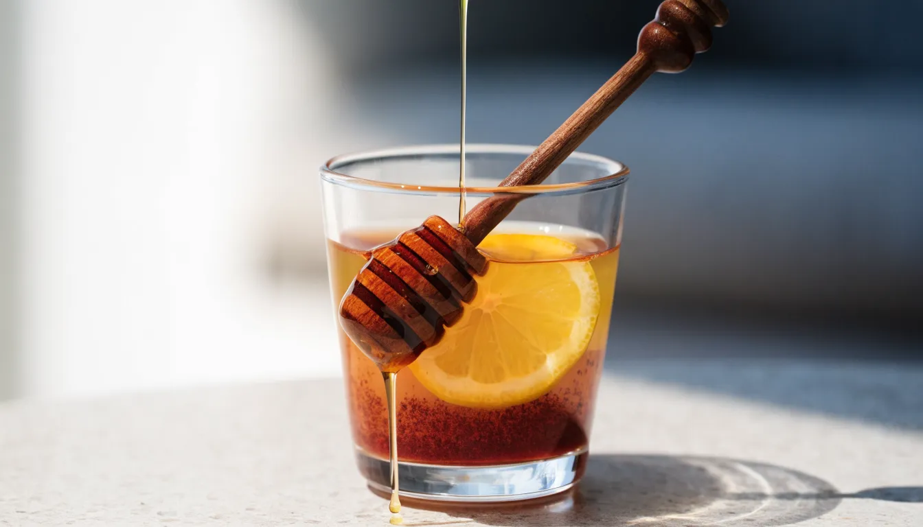 Warm cayenne pepper tea with fresh lemon juice and raw honey in a glass cup.