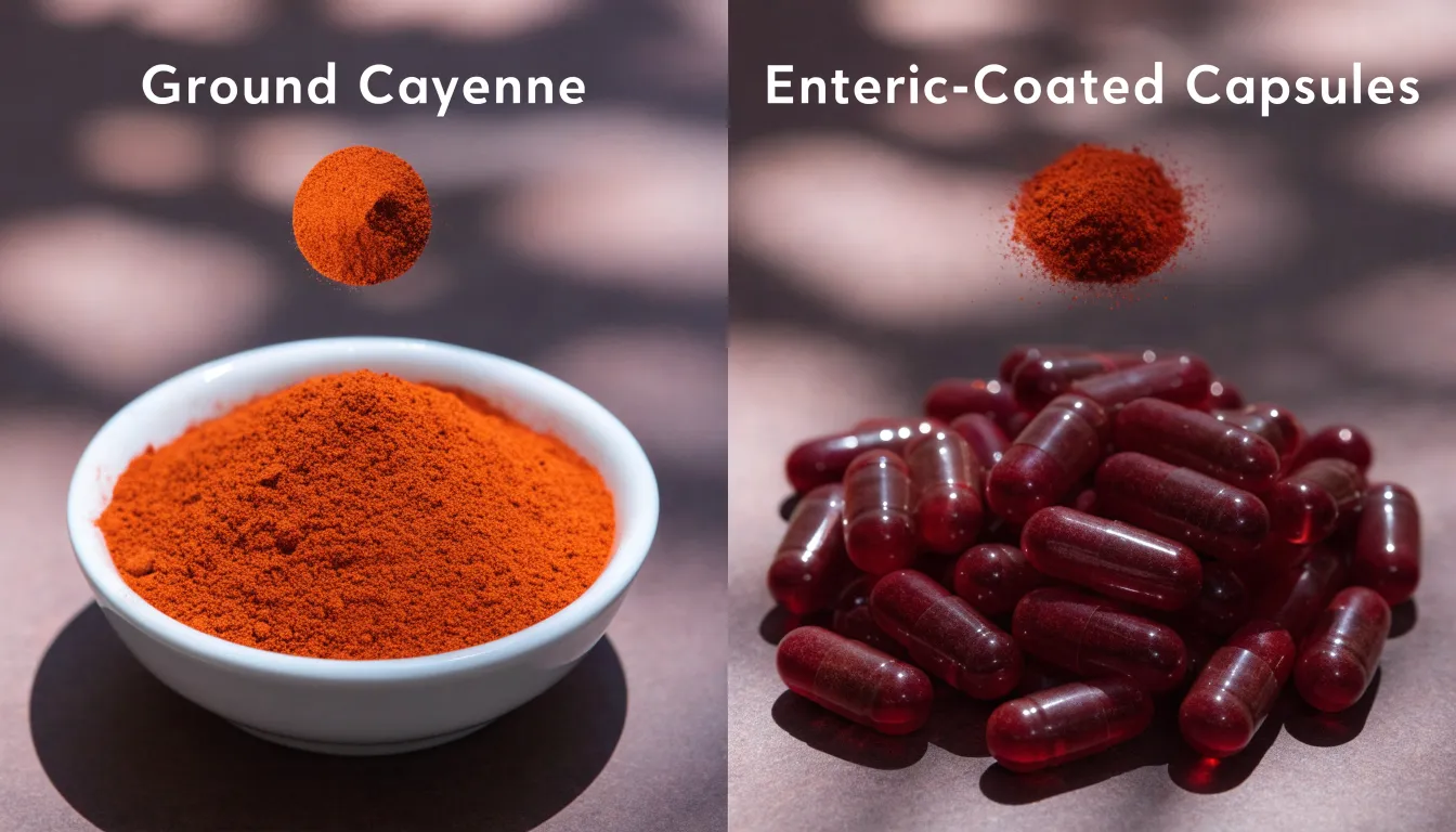 Comparison between ground red cayenne pepper powder and enteric-coated capsaicin capsules.