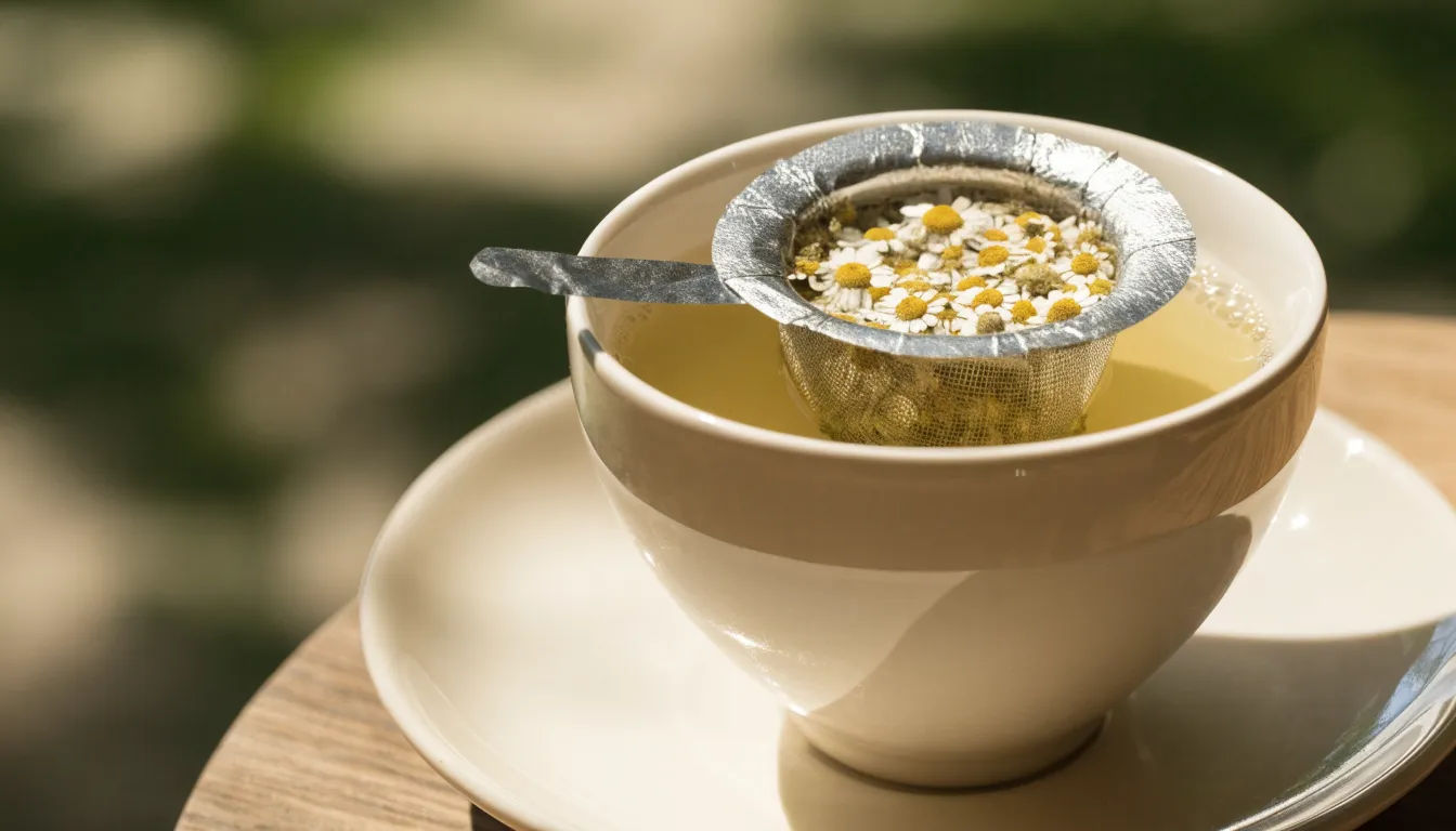 Fresh chamomile flowers steeping in a clear glass teacup with golden herbal tea
