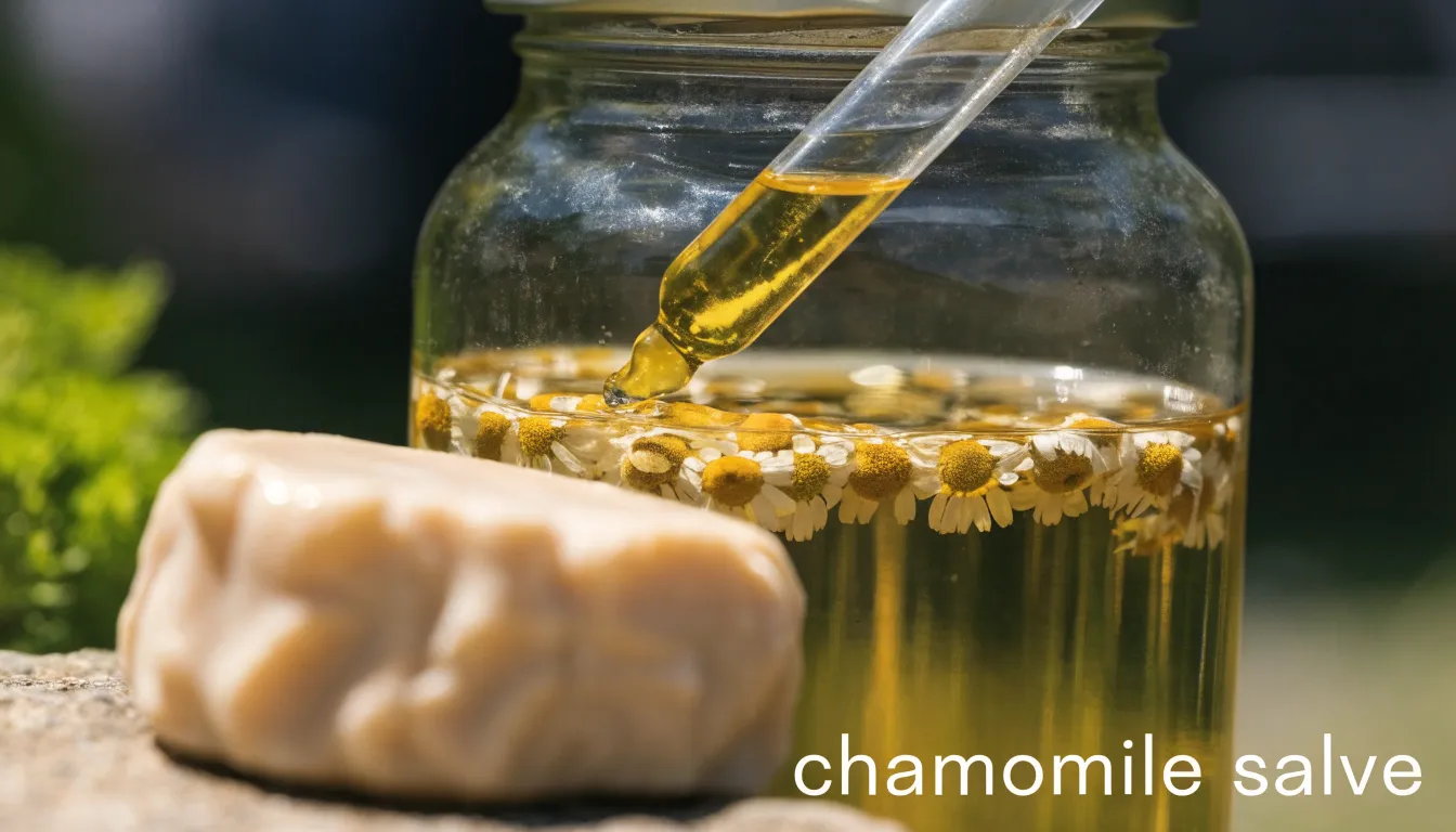 Homemade chamomile skin salve in shallow tins alongside a glass jar of golden chamomile infused oil.