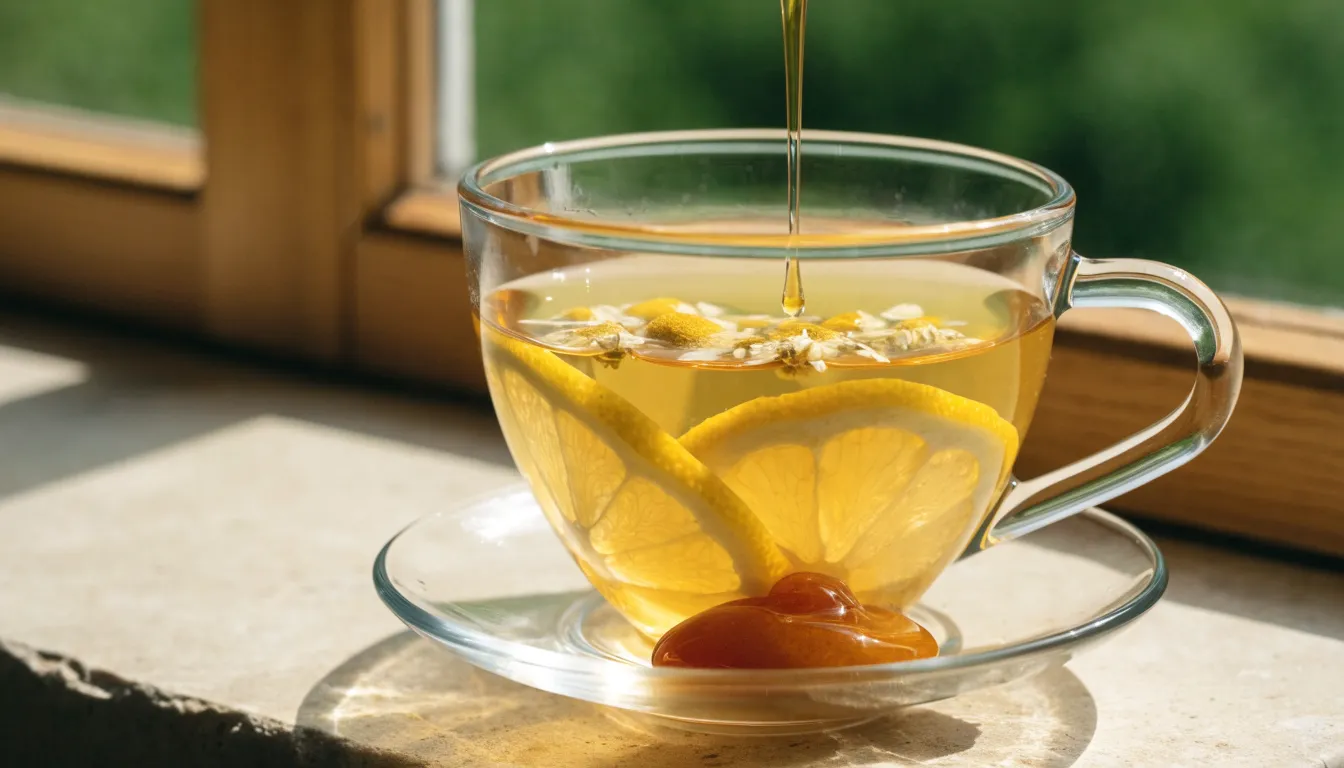 Warm golden chamomile tea served with fresh lemon slices, mint sprigs, and raw honey.