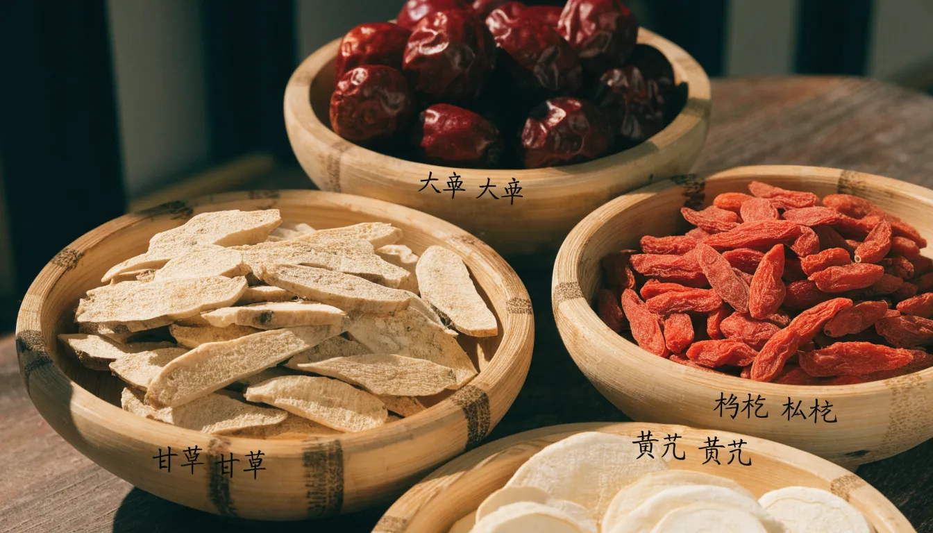 Traditional Chinese herbal soup ingredients featuring Gan Cao licorice root, jujube dates, and goji berries.