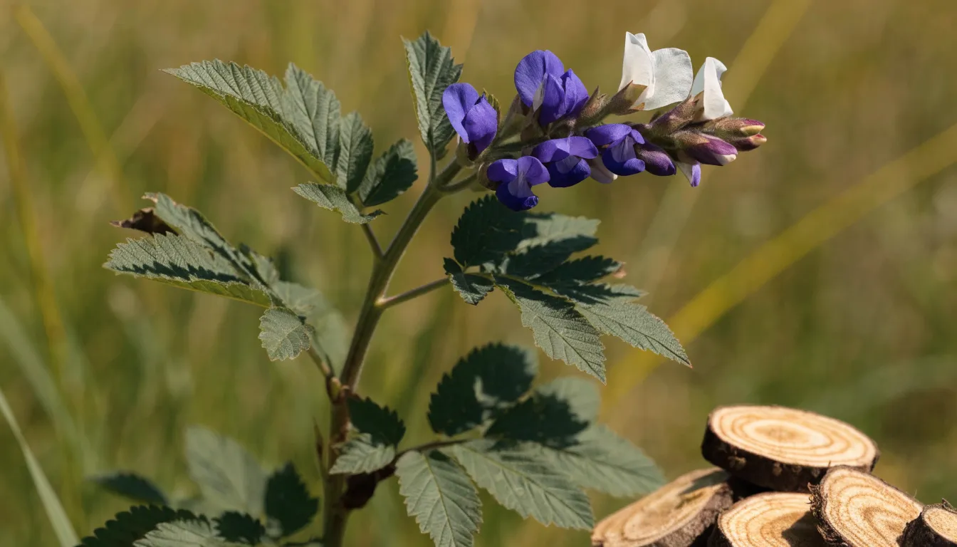 Fresh Chinese licorice plant with purple flowers and sliced dried Glycyrrhiza uralensis roots.