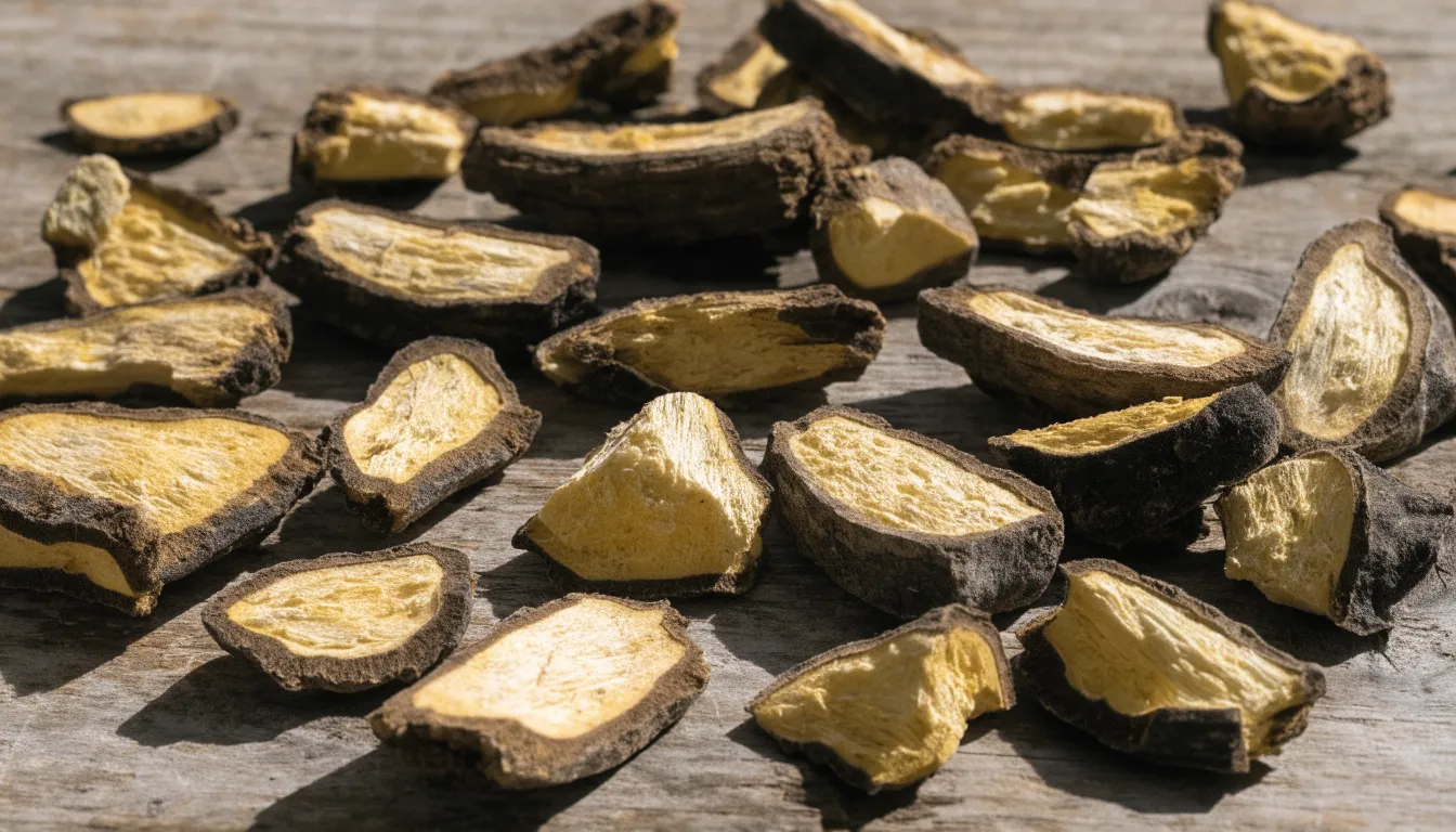 Sliced yellow dried Chinese skullcap root used in Traditional Chinese Medicine on a rustic wooden table.