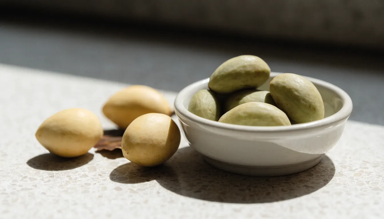 Prepared cooked ginkgo nuts served in a traditional ceramic dish.