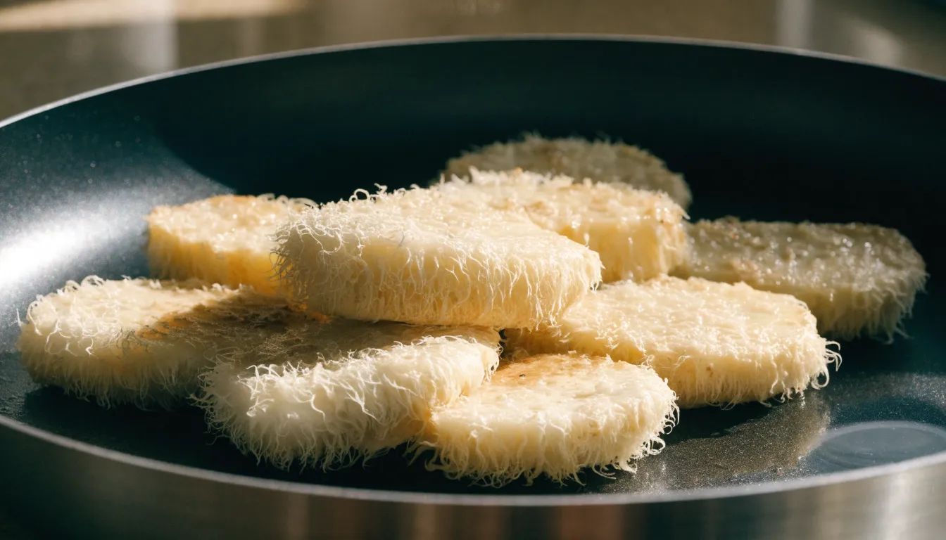 Sliced fresh lion's mane mushroom searing until golden brown in a cooking pan.