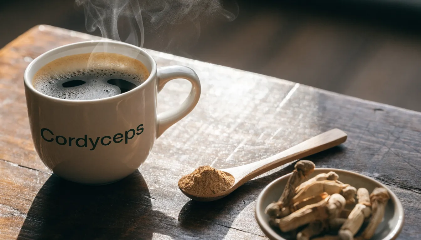 A mug of warm cordyceps mushroom coffee served alongside cordyceps extract powder and dried stalks.