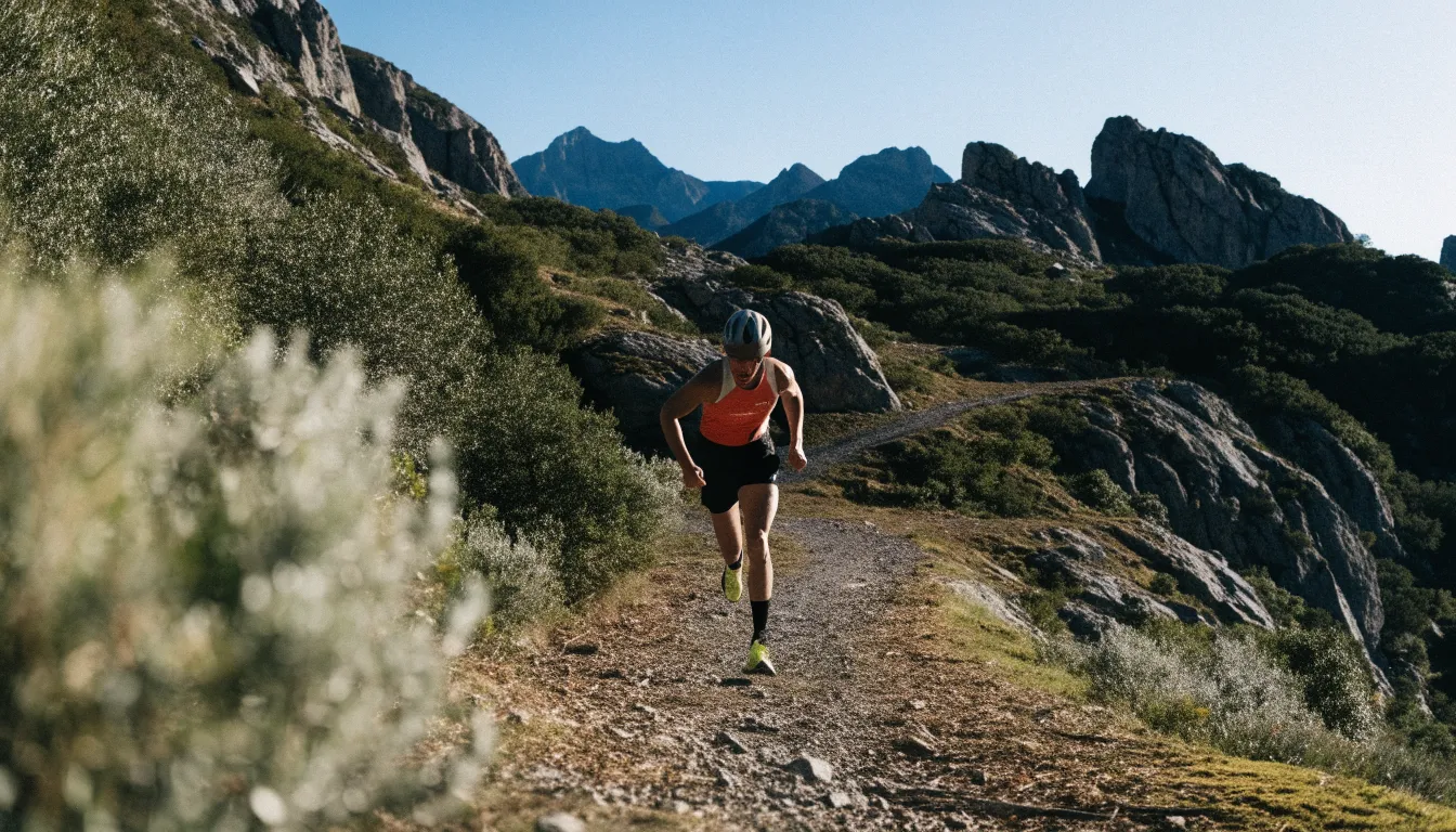 Endurance runner training outdoors with diagram showing ATP energy synthesis and oxygen efficiency.