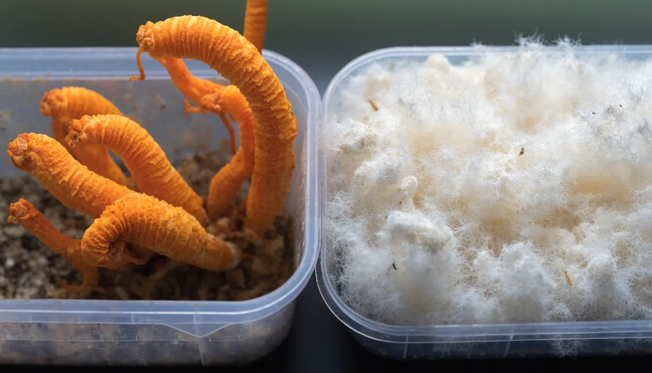 Side-by-side view of bright orange Cordyceps militaris fruiting bodies and cultivated mycelium biomass.