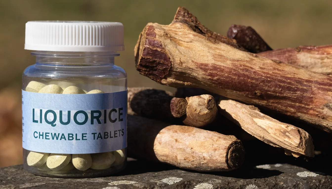 DGL chewable tablets bottle placed next to whole unrefined licorice root sticks.