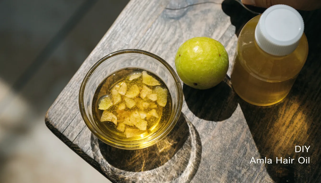 Homemade amla hair oil in a bottle beside fine amla powder and chopped gooseberry fruit.