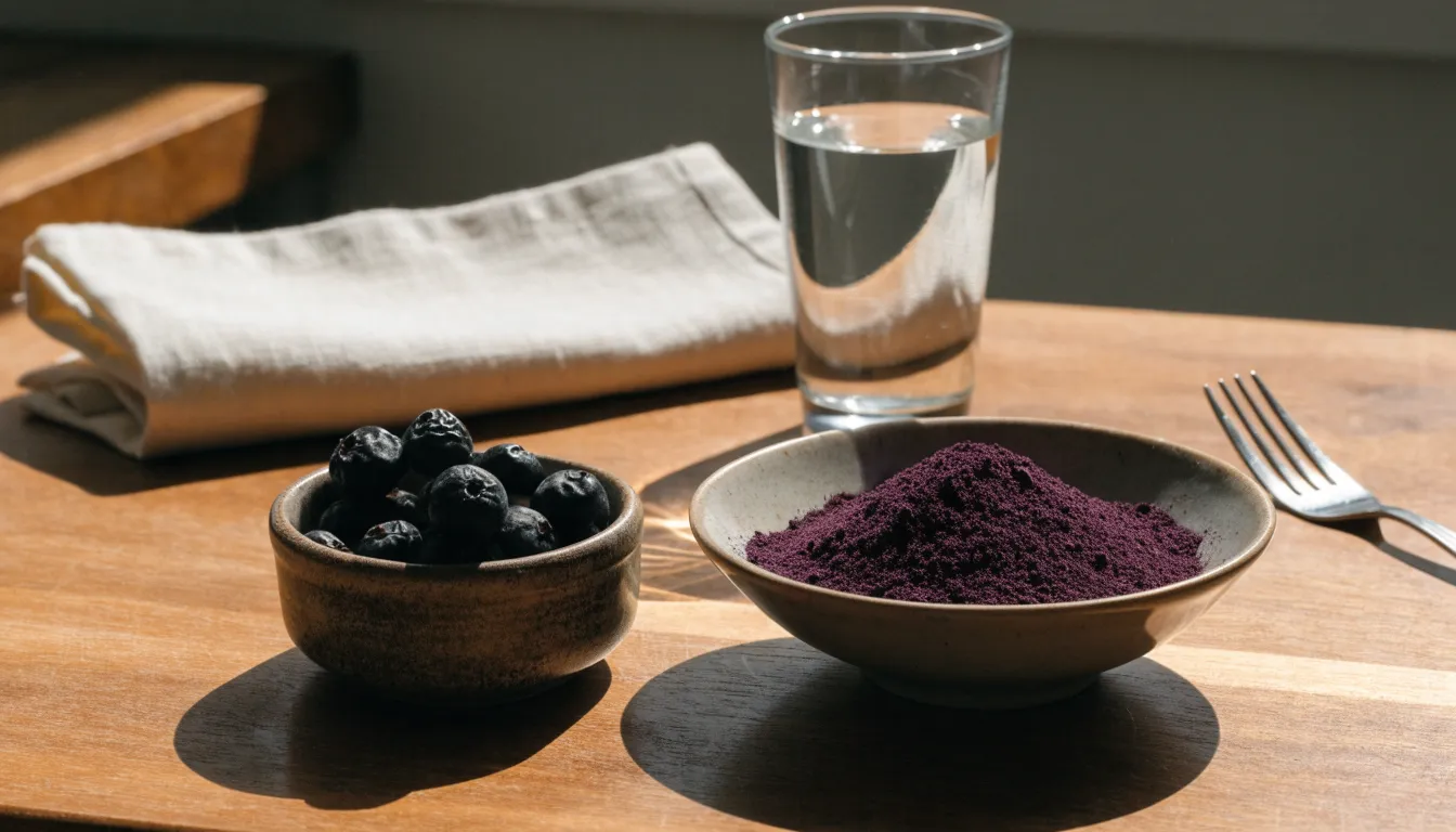 Small bowls of dried wild bilberries and rich dark purple bilberry fruit powder on a wooden surface.