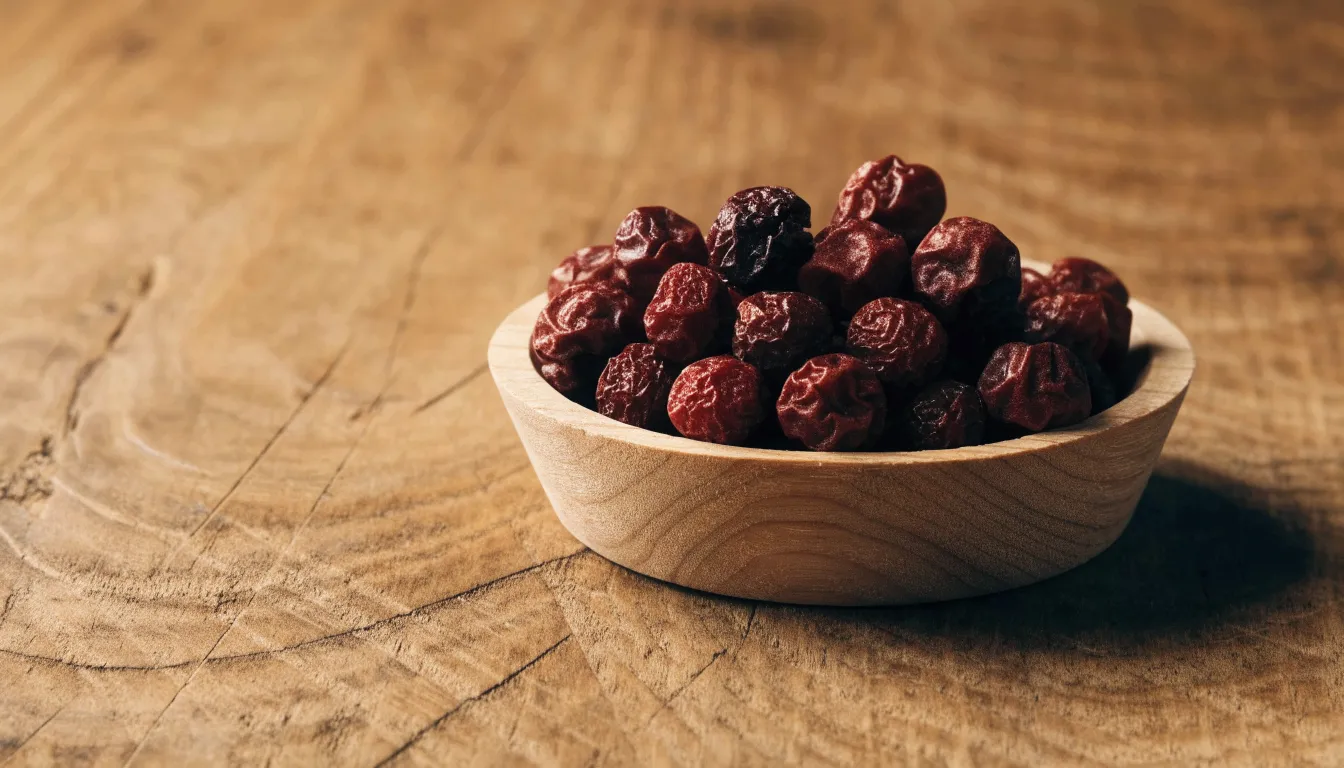 Dried Schisandra chinensis berries displayed in a small wooden dish.