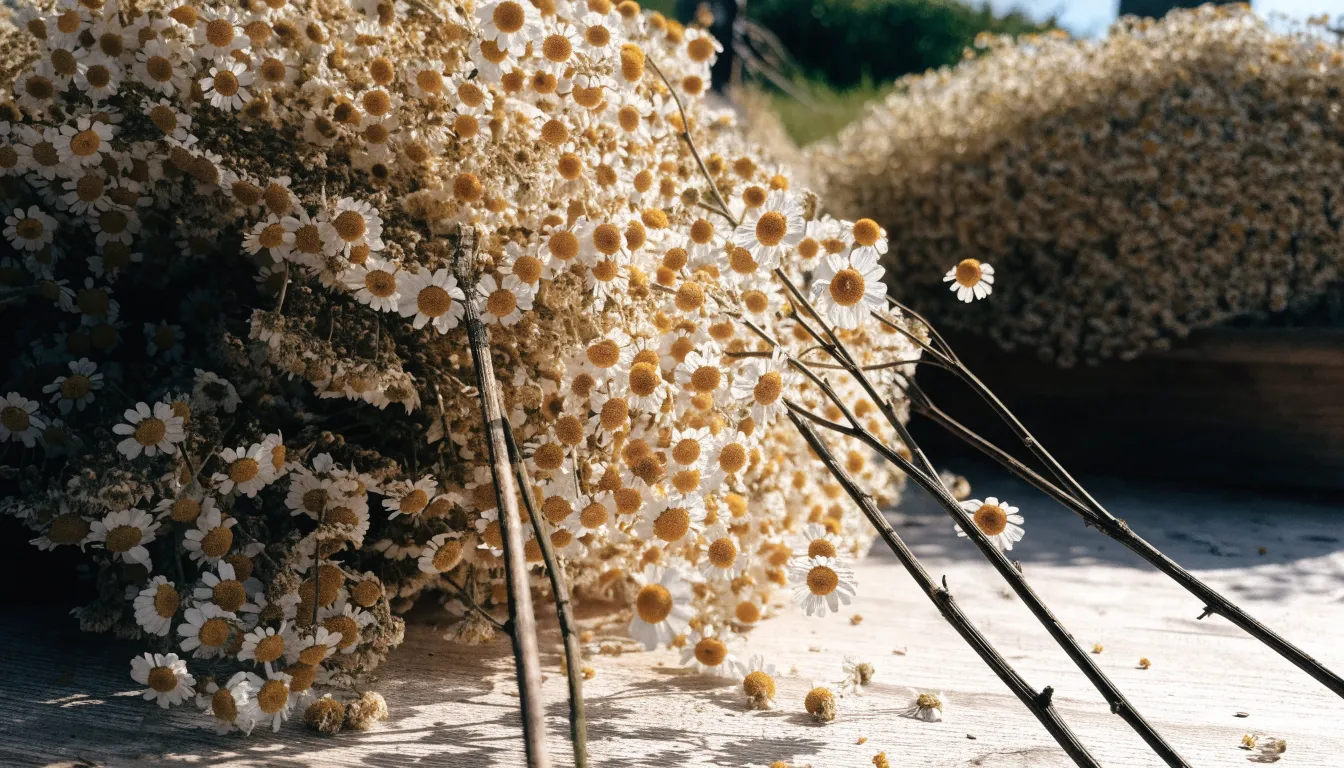 Freshly harvested chamomile flowers spread in a single layer on a wooden tray for drying.