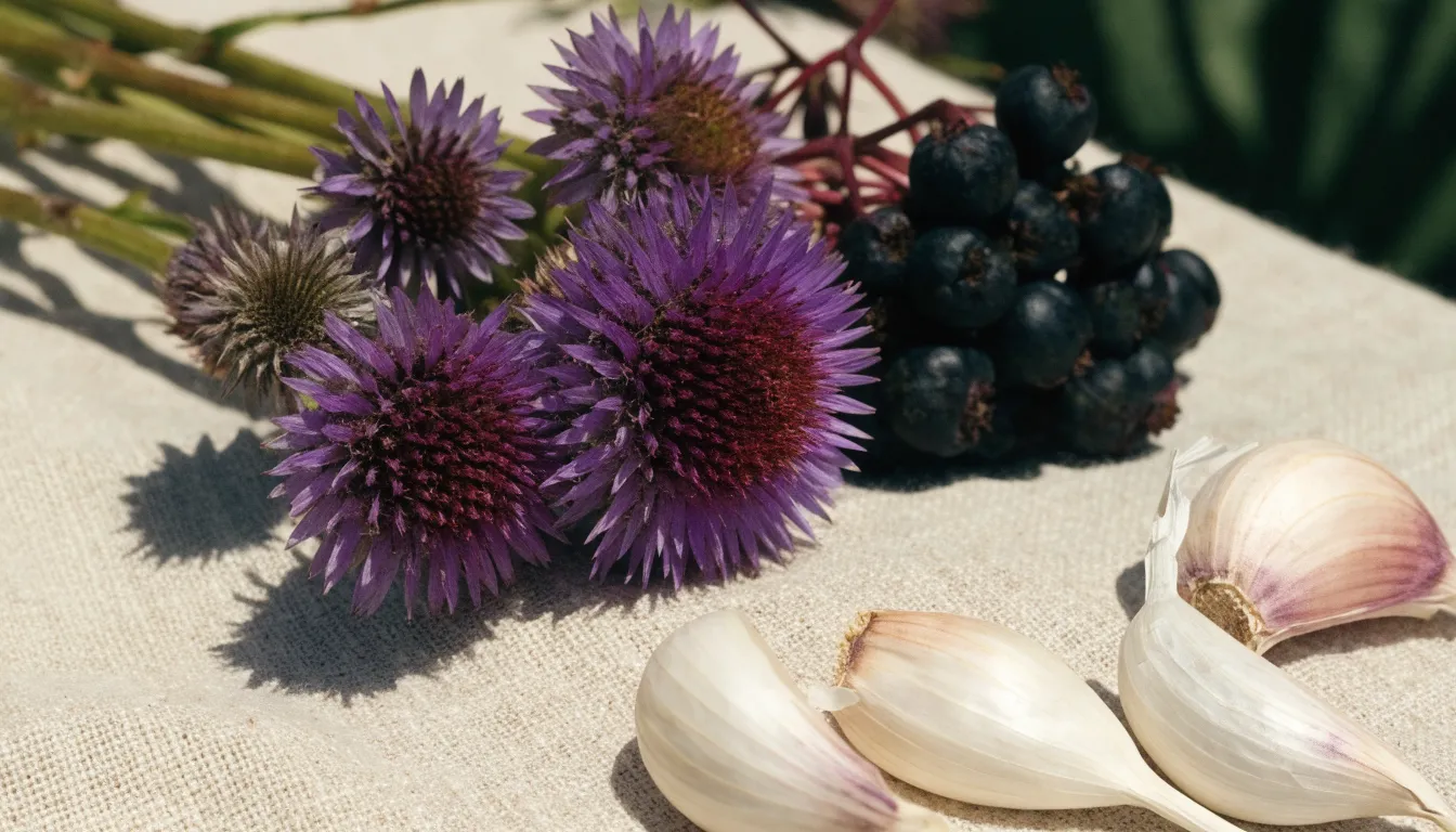 Purple echinacea coneflowers, ripe elderberries, and fresh garlic for immune system support.