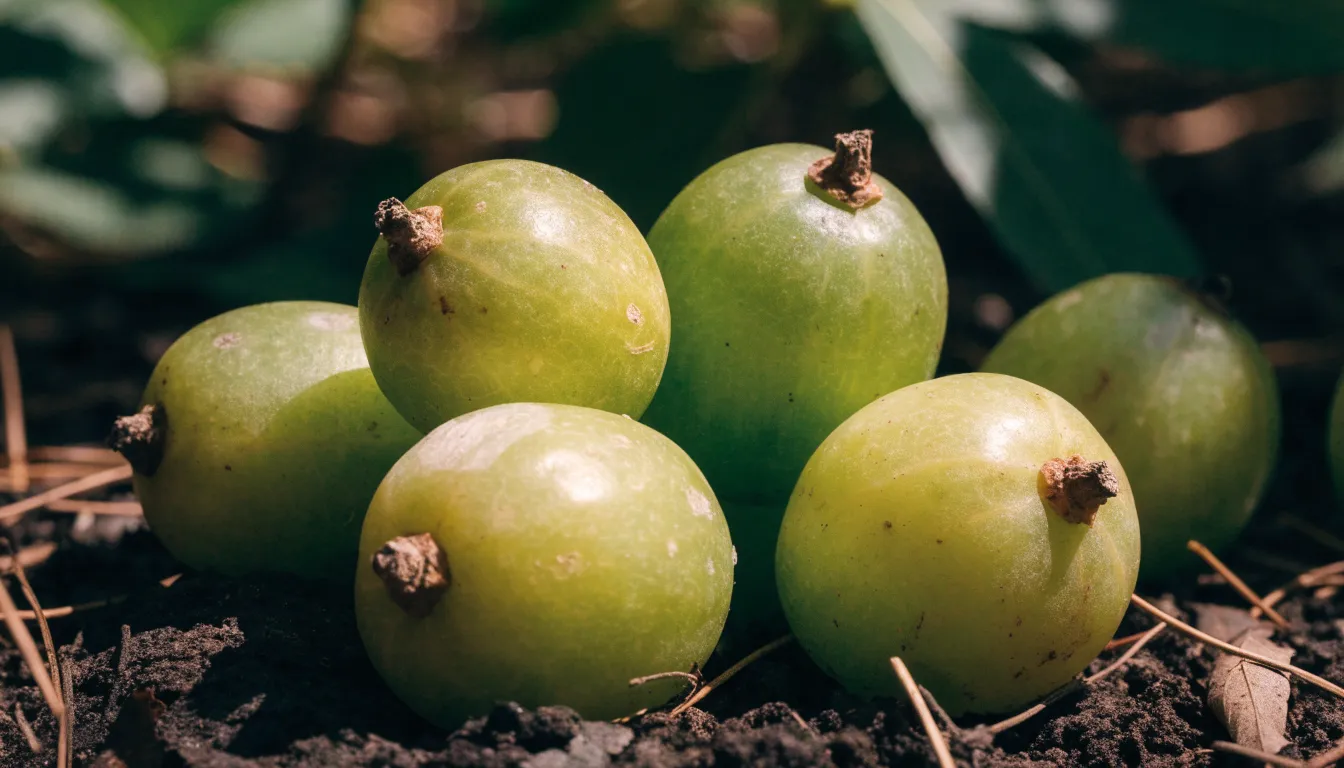Fresh amla Indian gooseberries with translucent greenish-yellow skin and distinct vertical ribs.