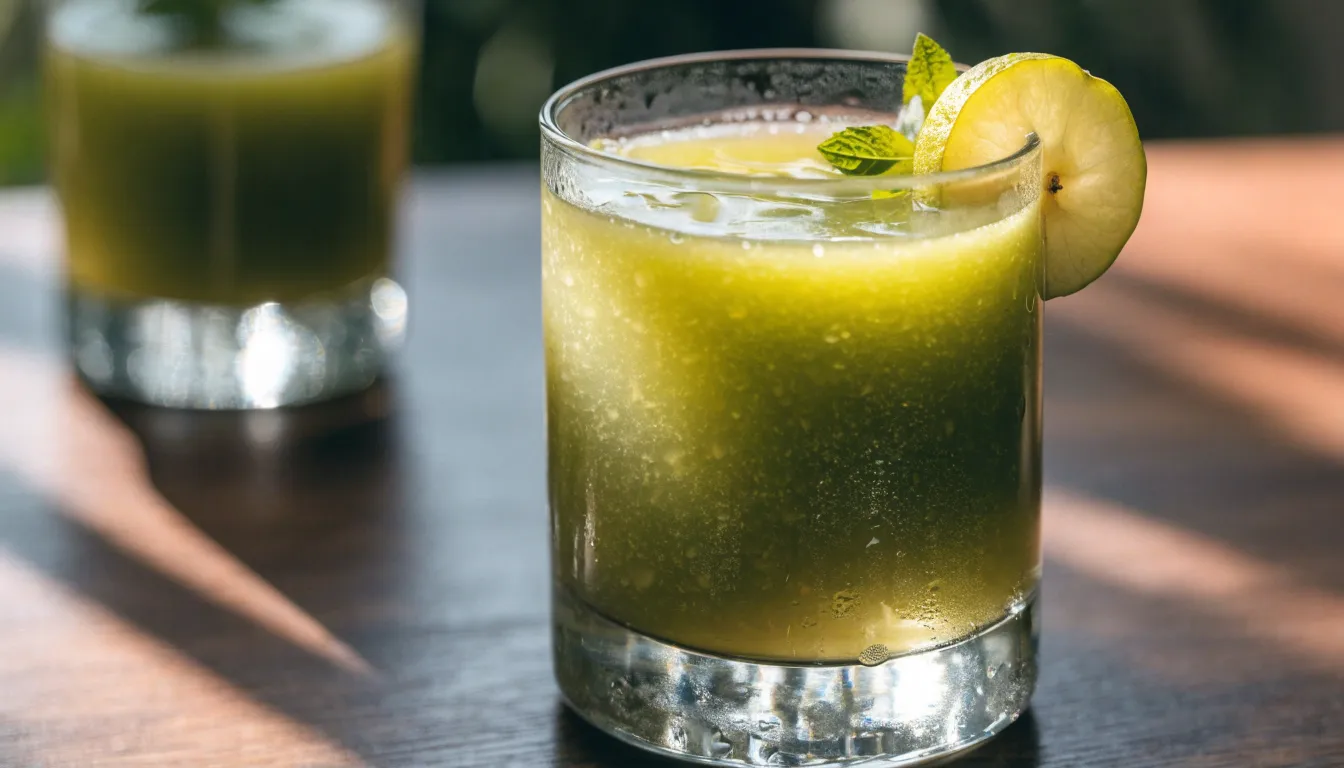 Freshly strained glass of green amla juice served with sliced amla berries and a lemon wedge.