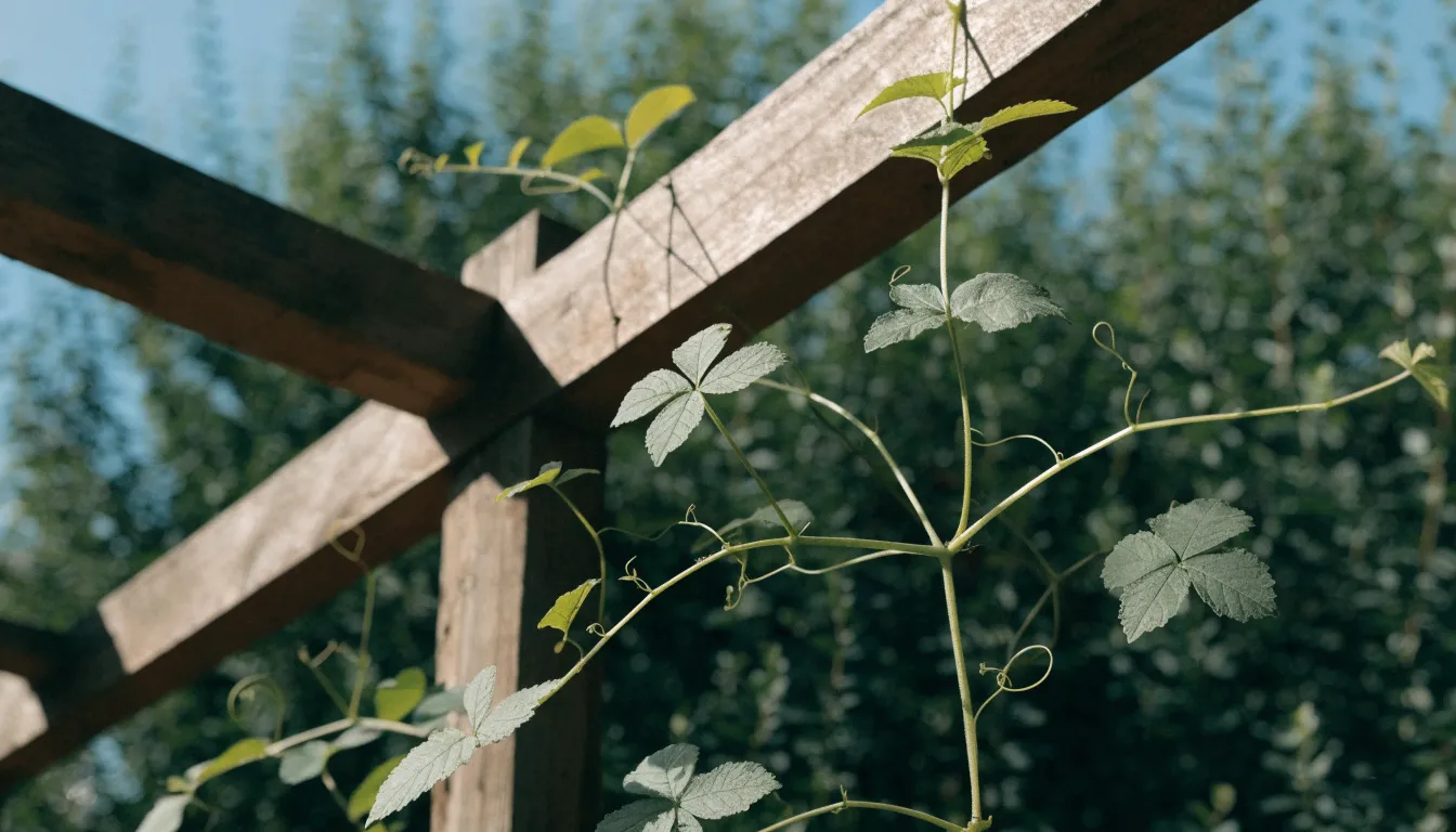 Close-up of fresh green jiaogulan leaves showing five distinct leaflets and climbing tendrils on a wooden trellis